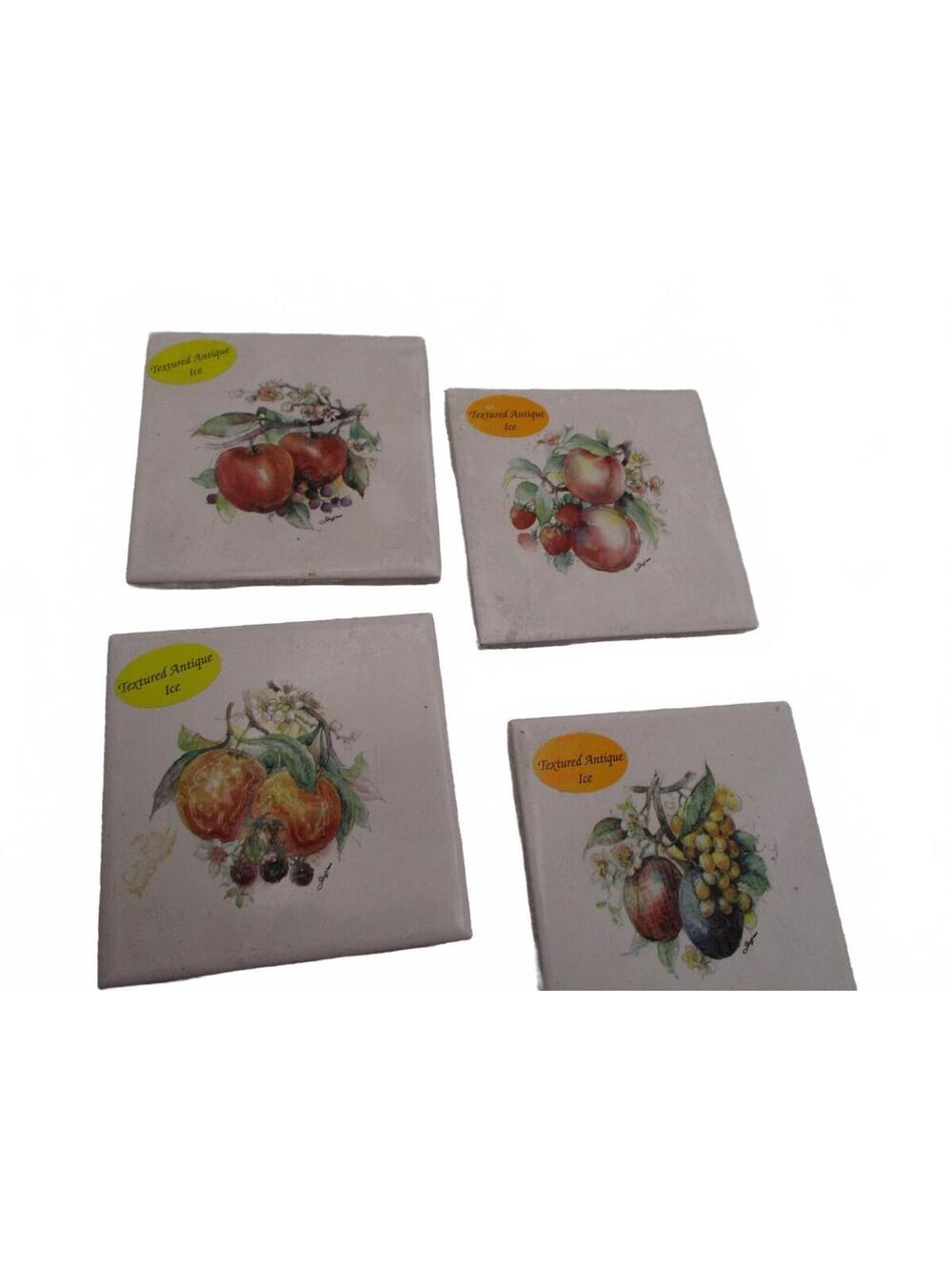 Vintage US Ceramic Fruit Tiles Set of 4 Orange Pear Ice Glaze 4.5x4.5